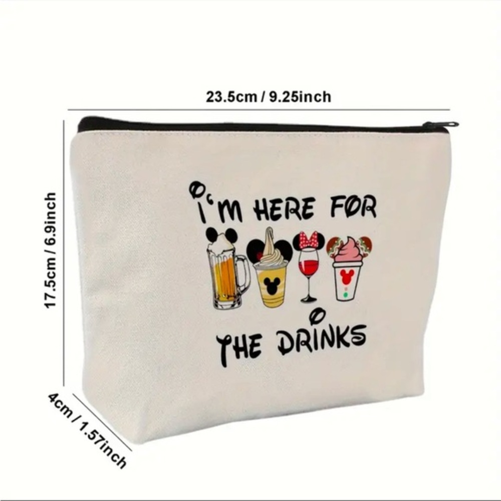 “I’m Here for the Drinks” Cosmetic Bag Travel Makeup Pouch Disney Inspired NWT